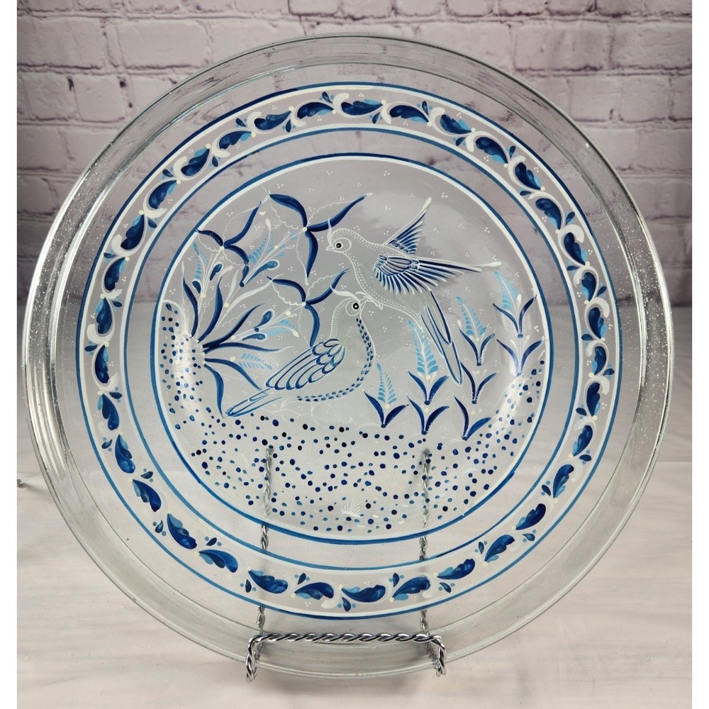 Exquisite RARE Vintage Hand Blown, Hand‎ Painted Platter 12.75" Blue Birds